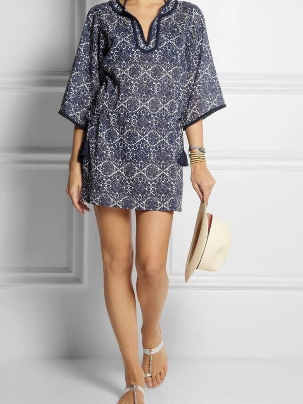 Tory Burch Margherita Tunic Caftan Medium Blue White